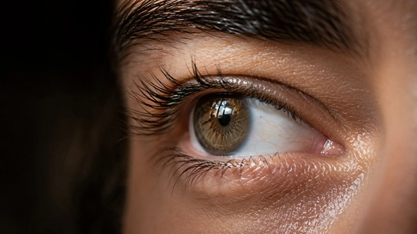 Macro profile shot of a translucent colored contact lens showing 3D depth and natural light reflection under changing studio environments.