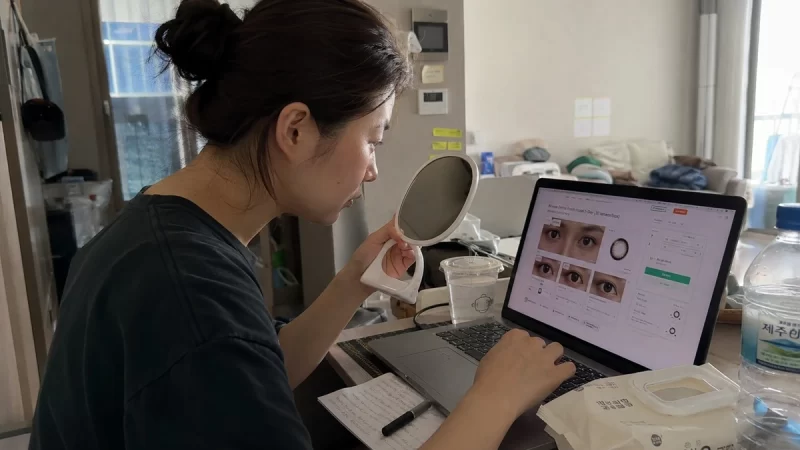 Person comparing different fashion contact lens options on a laptop while checking their eyes in a mirror at home before making a purchase.