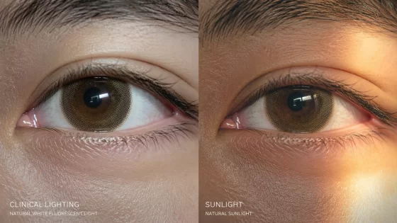 Ultra-realistic split-screen comparison of a colored contact lens under harsh bathroom lighting versus natural ambient window light.