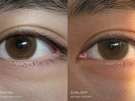 Ultra-realistic split-screen comparison of a colored contact lens under harsh bathroom lighting versus natural ambient window light.