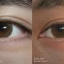 Ultra-realistic split-screen comparison of a colored contact lens under harsh bathroom lighting versus natural ambient window light.
