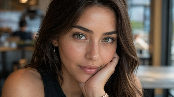 Candid close-up of natural-looking colored contacts viewed from a realistic 1.5-meter social distance in a cafe.